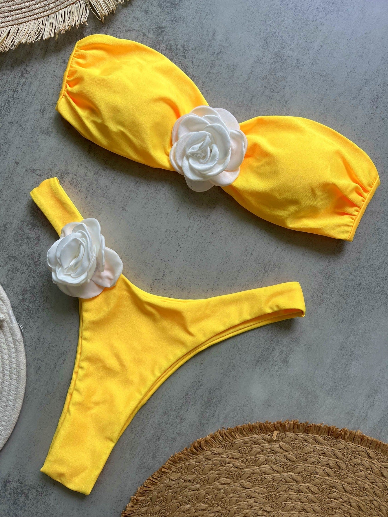 Yellow Three Dimensional Floral Solid Color Bikini Sexy Backless Split Swimsuit Nylon Bikini Bella Mia